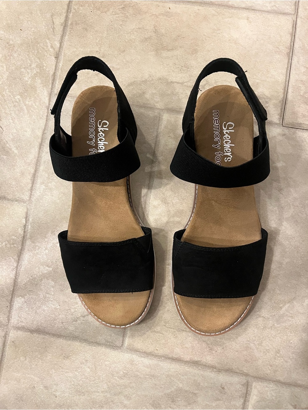 Skechers memory foam black strappy sandals. Women’s size 9. Velcro heel strap.